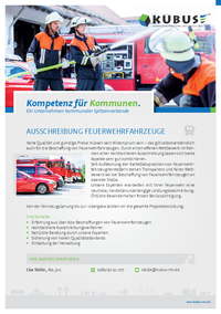 Das Bild zeigt das Produktblatt "Ausschreibung von Feuerwehrfahrzeugen" mit allen Leistungen und Ansprechpartnern der KUBUS.